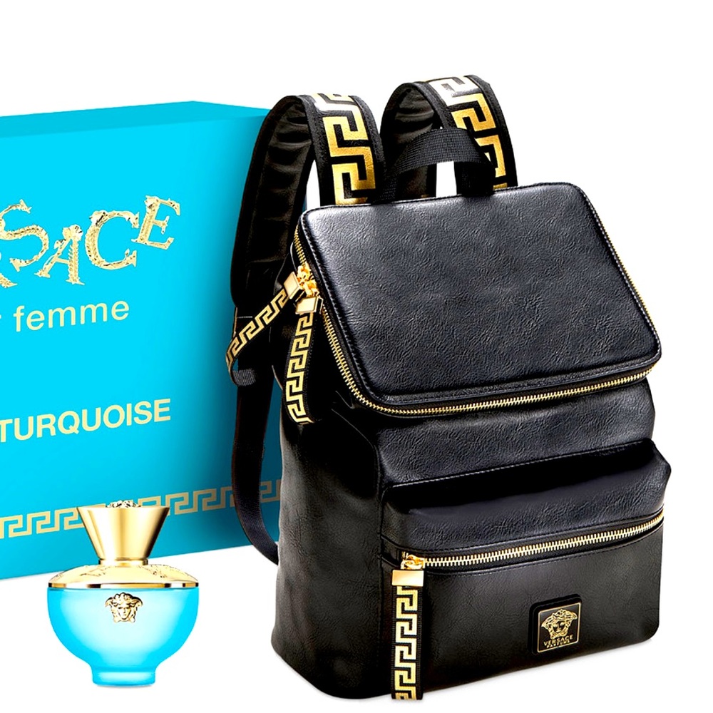 Versace backpack featuring classic gold Versace pattern including fragrance.